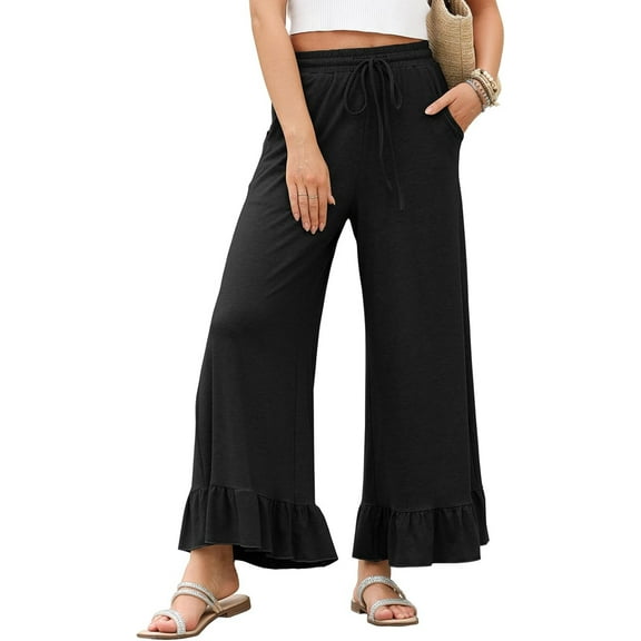 Womens Wide Leg Pants Drawstring Elastic High Waisted Ruffle Hem Palazzo Pants with Pockets Black XXL