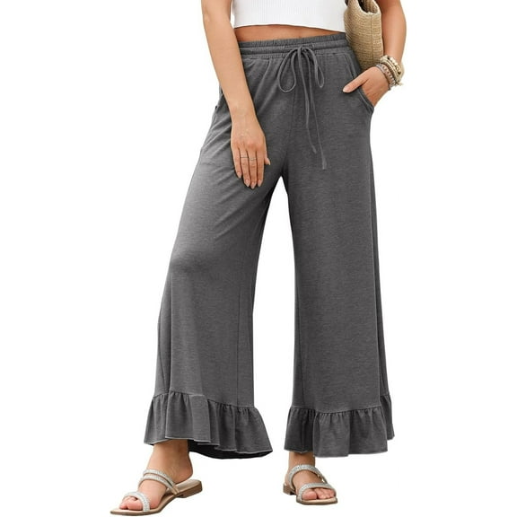 Womens Wide Leg Pants Drawstring Elastic High Waisted Ruffle Hem Palazzo Pants with Pockets Grey L