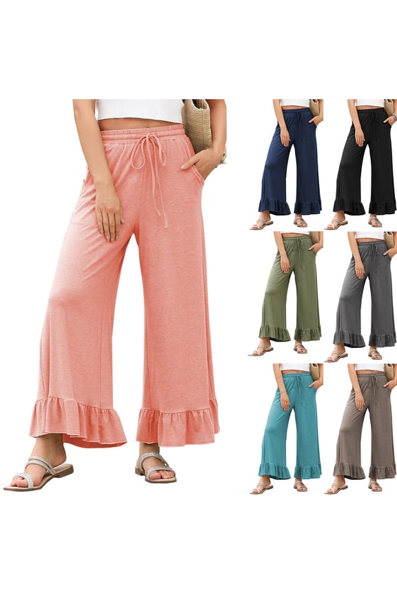Womens Wide Leg Pants Drawstring Elastic High Waisted Ruffle Hem Palazzo Pants with Pockets Mint Green 2XL