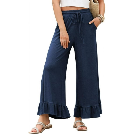 Womens Wide Leg Pants Drawstring Elastic High Waisted Ruffle Hem Palazzo Pants with Pockets Navy Blue L