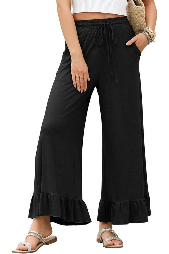 Womens Wide Leg Pants Drawstring Elastic High Waisted Ruffle Hem Palazzo Pants with Pockets