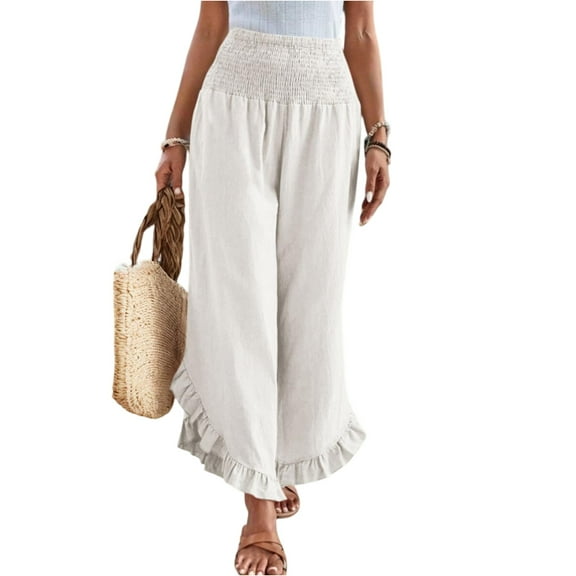 Womens Wide Leg Pants Drawstring Elastic High Waisted Ruffle Hem Palazzo Pants with Pockets