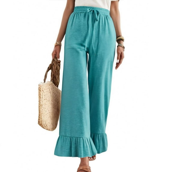 Womens Wide Leg Pants Drawstring Elastic High Waisted Ruffle Hem Pants with Pockets Green L