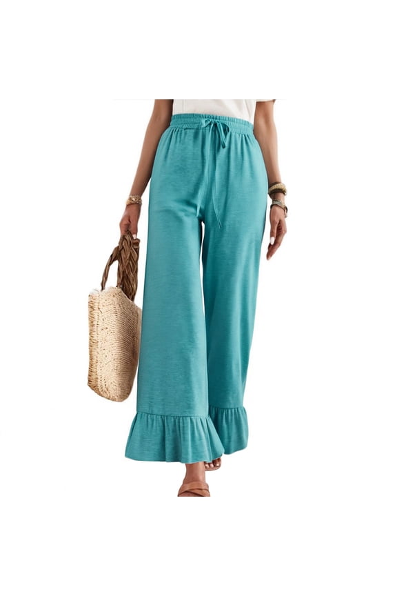 Womens Wide Leg Pants Drawstring Elastic High Waisted Ruffle Hem Pants with Pockets Green M