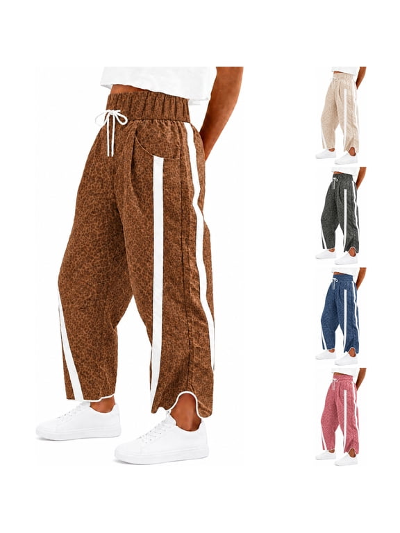 Womens Wide Leg Pants Drawstring Elastic Waist wide Leg Fall Balloon Trousers Contrast Color Leopard Print Y2k Winter Cozy Fashion Barrel Pants with Pockets Brown M