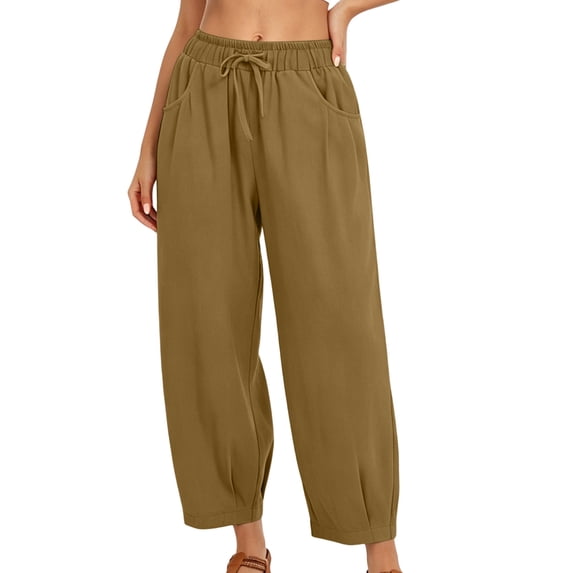 Womens Wide Leg Pants Drawstring Loose Baggy High Waisted Barrel Pants Summer Lounge Trousers with Pockets