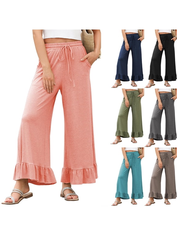 Womens Wide Leg Pants Drawstring Palazzo Pants Elastic High Waisted Ruffle Hem Trousers with Pockets Mint Green L