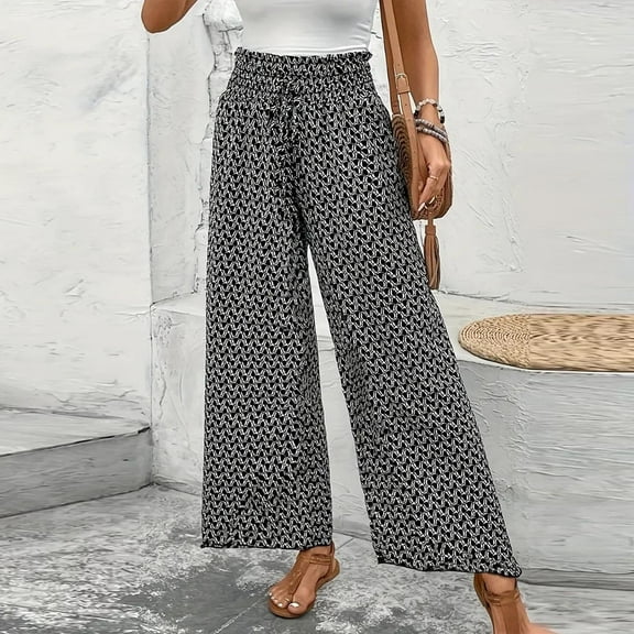 Womens Wide Leg Pants Elastic High Waist Drawstring Print Trousers Casual Loose Vintage Versatile Outfits (S, Black)