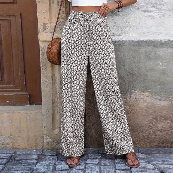 Womens Wide Leg Pants Elastic High Waist Drawstring Print Trousers Casual Loose Vintage Versatile Outfits (S, White)