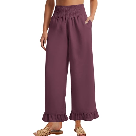 Womens Wide Leg Pants Elastic High Waisted Ruffle Hem Palazzo Pants with Pockets Solid Color Baggy Pants Summer