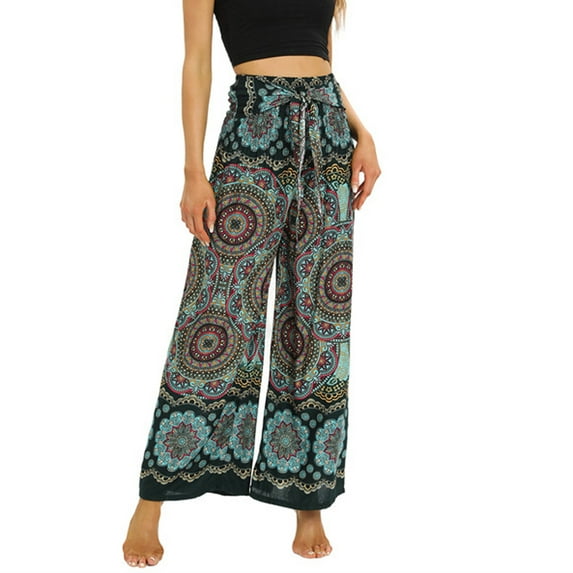 Womens Wide Leg Pants Elastic High Waisted Vintage Floral Boho Print Casual Loose Flowy Tie Knot Trousers With Pockets,Green 1,Free Size