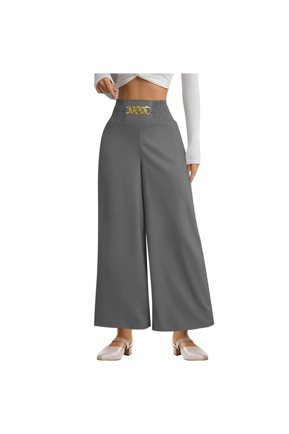 Womens Wide Leg Pants Fall Metal Buckle Decorate Elastic High Waisted Pants Fashion Business Trousers
