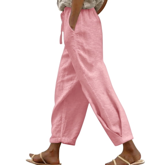 Womens Wide Leg Pants Flowy Palazzo Pants Drawstring Casual Summer Trousers Elastic Waist with Pockets Pink