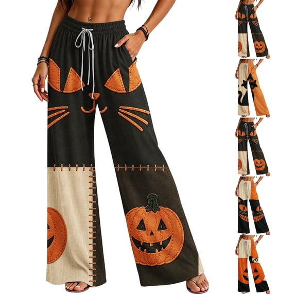 Womens Wide Leg Pants Halloween Pumpkin Print Drawstring Waist Baggy Pajama Lounge Trousers
