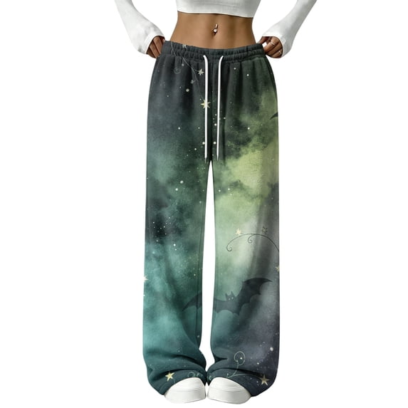Womens Wide Leg Pants Halloween Sweatpants Spooky Print Flannel Baggy Fit Fall 2026 Casual Joggers Lounge Pajama Pants Holiday Costumes with Pockets,M,Black