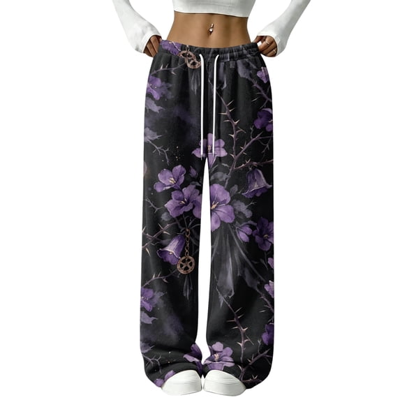 Womens Wide Leg Pants Halloween Sweatpants Spooky Print Flannel Baggy Fit Fall 2026 Casual Joggers Lounge Pajama Pants Holiday Costumes with Pockets,S,Dark Purple