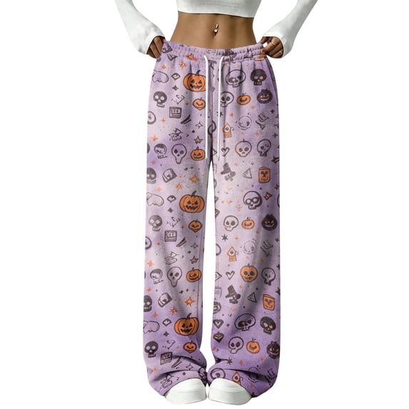 Womens Wide Leg Pants Halloween Sweatpants Spooky Print Flannel Baggy Fit Fall 2026 Casual Joggers Lounge Pajama Pants Holiday Costumes with Pockets,XXL,Saffron