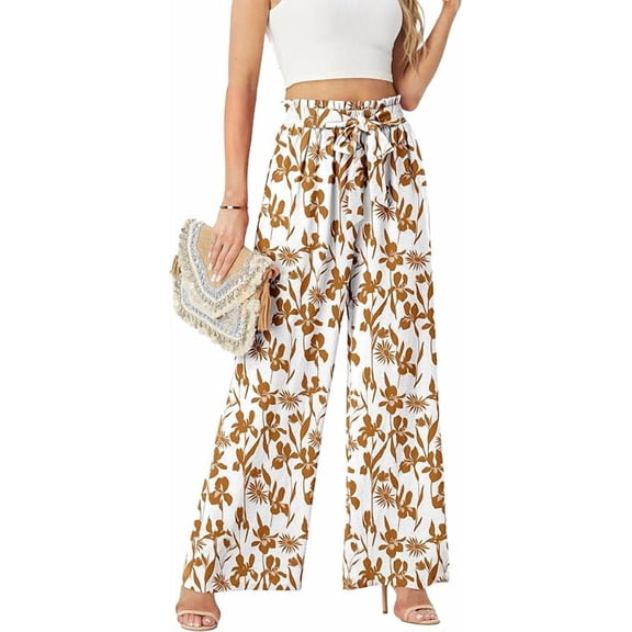 Womens Wide Leg Pants High Waist Flowy Adjustable Knot Loose Trousers Casuals Lounge Business Pants with Pockets