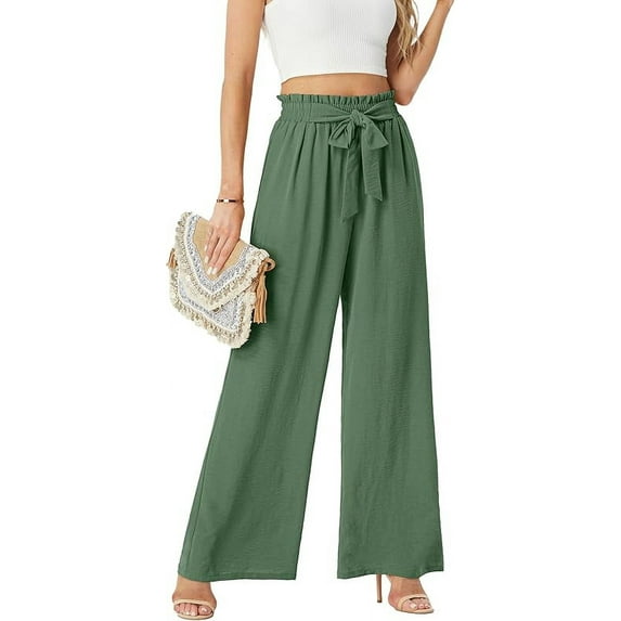 Womens Wide Leg Pants High Waist Flowy Adjustable Knot Loose Trousers Casuals Lounge Business Pants with Pockets