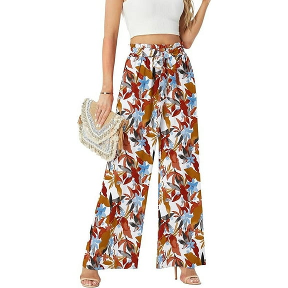 Womens Wide Leg Pants High Waist Flowy Adjustable Knot Loose Trousers Casuals Lounge Business Pants with Pockets