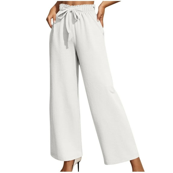 Womens Wide Leg Pants High Waist Loose Flowy Adjustable Tie Knot Trousers Business Casual Pants with Pockets (M, White)