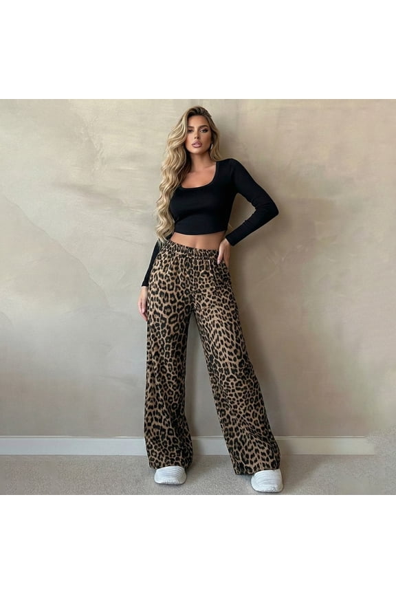 Womens Wide Leg Pants High Waist Satin Leopard Printed Palazzo Pants Soft Loose Trousers with Pocket