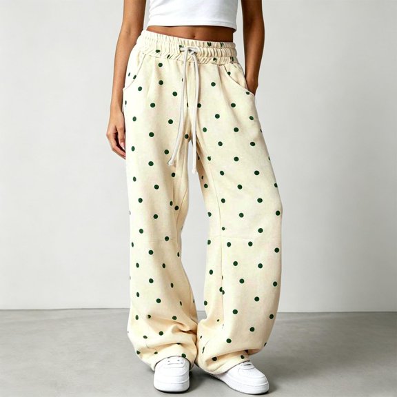 Womens Wide Leg Pants High Waisted Drawstring Polka Dot Casual Flowy Pants, S