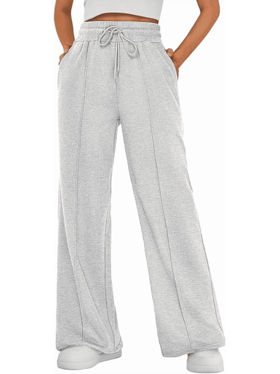 Sweatpants Women High Waisted Wide Leg Pants Woman with Pockets and Drawstring Waist, Lightweight Baggy Sweatpants Joggers Yoga Pants, Gray