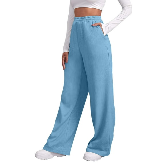 Womens Wide Leg Pants Loose Solid Color Sweatpants Casual Pants Comfy Lounge Joggers Baggy Sweat Pants with Pockets Light Blue M