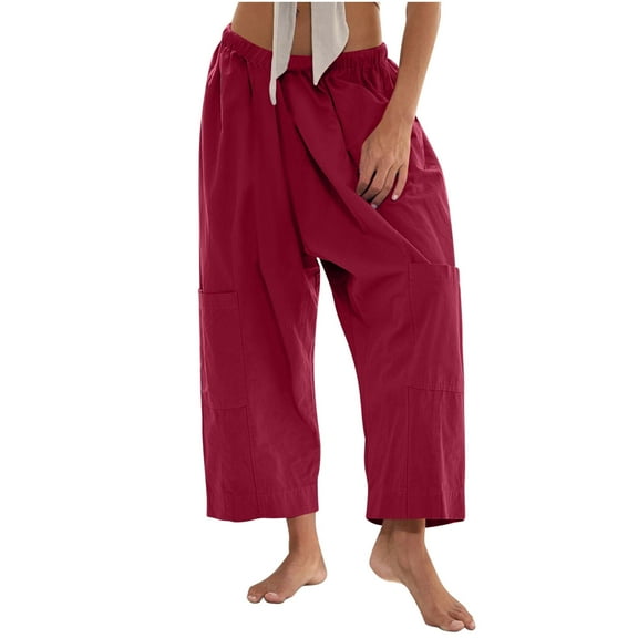 Womens Wide Leg Pants Palazzo Harem Summer Casual Beach Loose Fit Drawstring With Pockets Burgundy
