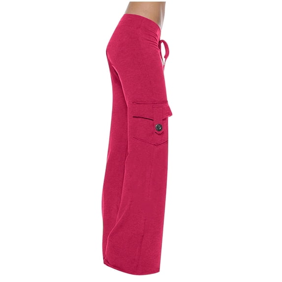 Womens Wide Leg Pants, Plus Size Cargo Sweatpants Lightweight Outdoor Travel Pants Relaxed Fit Workwear with Pockets & Drawstring, Hot Pink (Button Pocket), X-Large