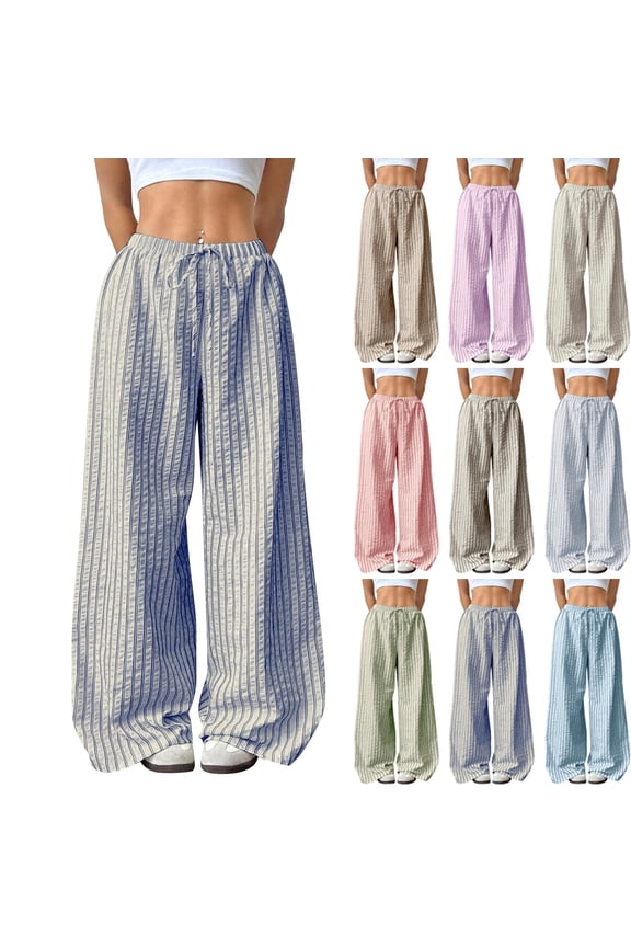 Womens Wide Leg Pants Spring/Summer Pants for Women Mid-Waist Pants with Pockets Striped Lace-Up Casual Buckle Pants Blue-S