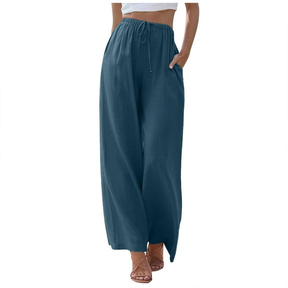 Womens Wide Leg Pants Straight Leg Sweatpants for Women Business Casual Women Pants plus Size Womens Casual 22w Drawstring High Waist Ruched Bandage for Summer Linen High Blue M