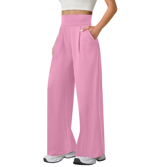 Womens Wide Leg Pants With Pockets Casual Work Dress Lounge Sweatpants High Waist Stretch Comfy Loose Trousers