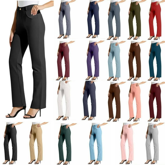 Womens Wide Leg Pants, Women's Solid Color Elastic Waist Work Office Straight Leg Casual Pants Women High Waisted Pants (Black,S)