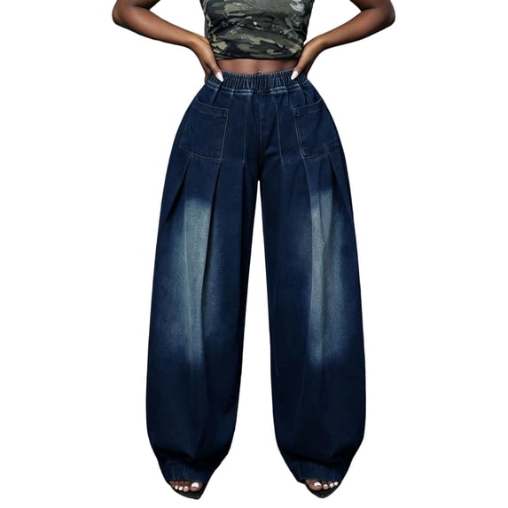 Womens Wide Leg Pants with Pocke Denim Jeans Slim Straight Pants