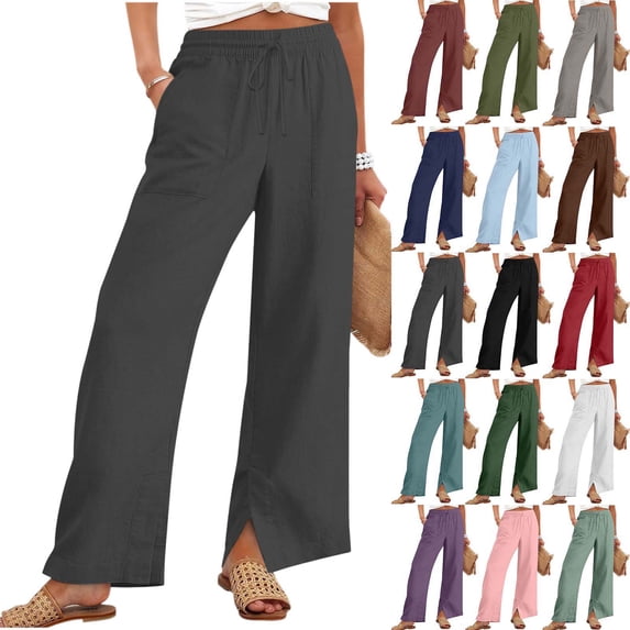 Womens Wide Leg Pants with Pockets High Waisted Drawstring Casual Loose Lounge Trousers Summer Lightweight Palazzo Pants with Side Slit