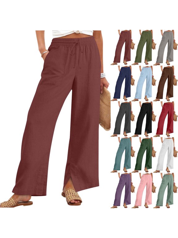 Womens Wide Leg Pants with Pockets High Waisted Drawstring Casual Loose Lounge Trousers Summer Lightweight Palazzo Pants with Side Slit