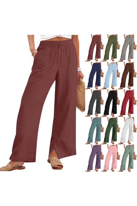 Womens Wide Leg Pants with Pockets High Waisted Drawstring Casual Loose Lounge Trousers Summer Lightweight Palazzo Pants with Side Slit
