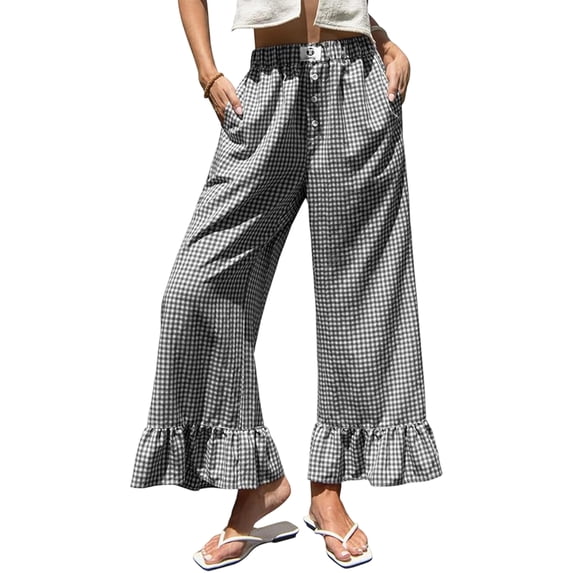 Womens Wide Leg Plaid Pants Elastic High Waisted Ruffle Hem Palazzo Pants with Pockets Button Down Lounge Trousers Black L