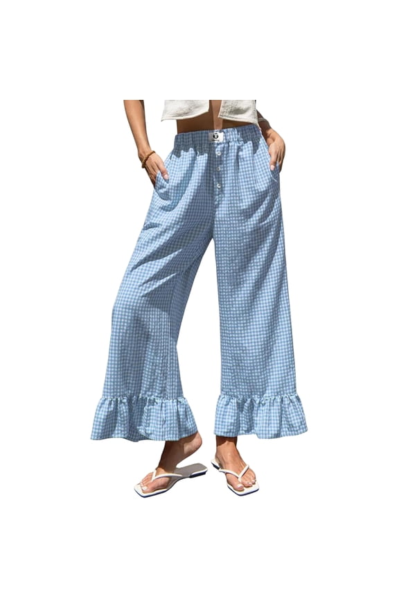 Womens Wide Leg Plaid Pants Elastic High Waisted Ruffle Hem Palazzo Pants with Pockets Button Down Lounge Trousers Blue S