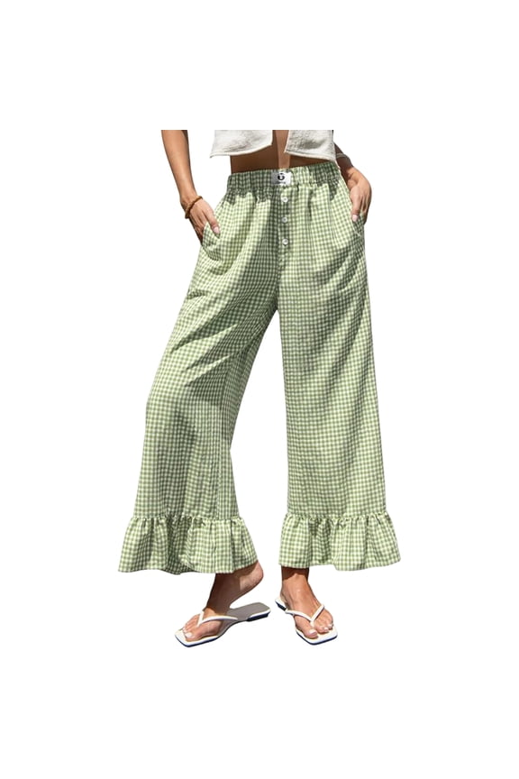 Womens Wide Leg Plaid Pants Elastic High Waisted Ruffle Hem Palazzo Pants with Pockets Button Down Lounge Trousers Green S
