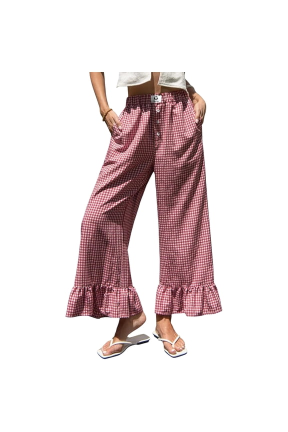 Womens Wide Leg Plaid Pants Elastic High Waisted Ruffle Hem Palazzo Pants with Pockets Button Down Lounge Trousers Red S