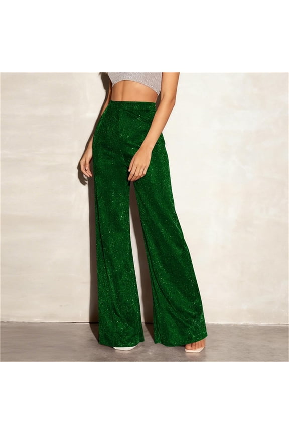 Womens Wide Leg Sequin Pants Elastic High Waisted Bling Glitter Loose Pants Fashion Dance Party Trousers