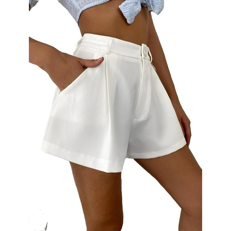 Womens Wide Leg Shorts Casual Zipper Fly High Waist White L
