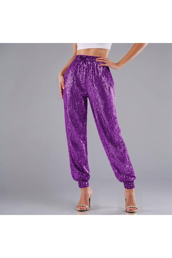 Womens Wide Leg Sparkle Sequin Pants Elastic High Waisted Bling Glitter Dance Pant Slim Leg Leggings