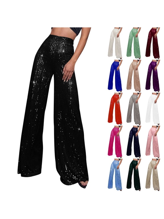 Womens Wide Leg Sparkle Sequin Pants Elastic High Waisted Bling Glitter Dance Pants Silver 2XL