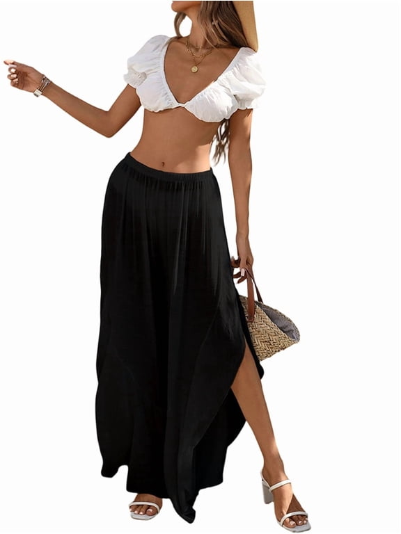 Womens Wide Leg Split Skirt Pants Boho Loose Palazzo with Elastic Waist Vacation Pants Black S