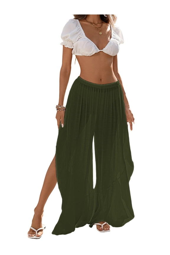 Womens Wide Leg Split Skirt Pants Boho Loose Palazzo with Elastic Waist Vacation Pants Green M