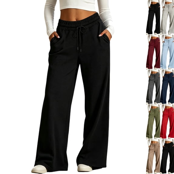 Womens Wide Leg Sweatpants Baggy Drawstring High Waisted Joggers Oversized Lounge Pants Open Bottom Trousers with Pockets Black L